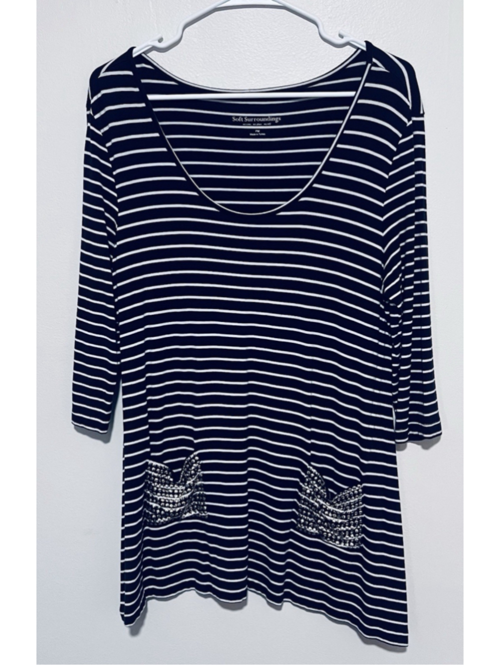 Soft Surroundings Striped Studded Tunic Top Medium Petite Navy White 3/4 Sleeve